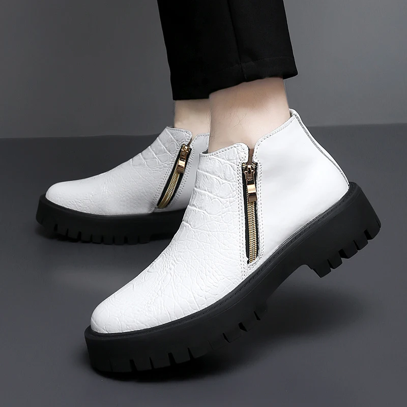 Autumn Winter European American Style Men Thick Soled Short Boots with Crocodile Embossed Side Zipper Business Casual Trendy
