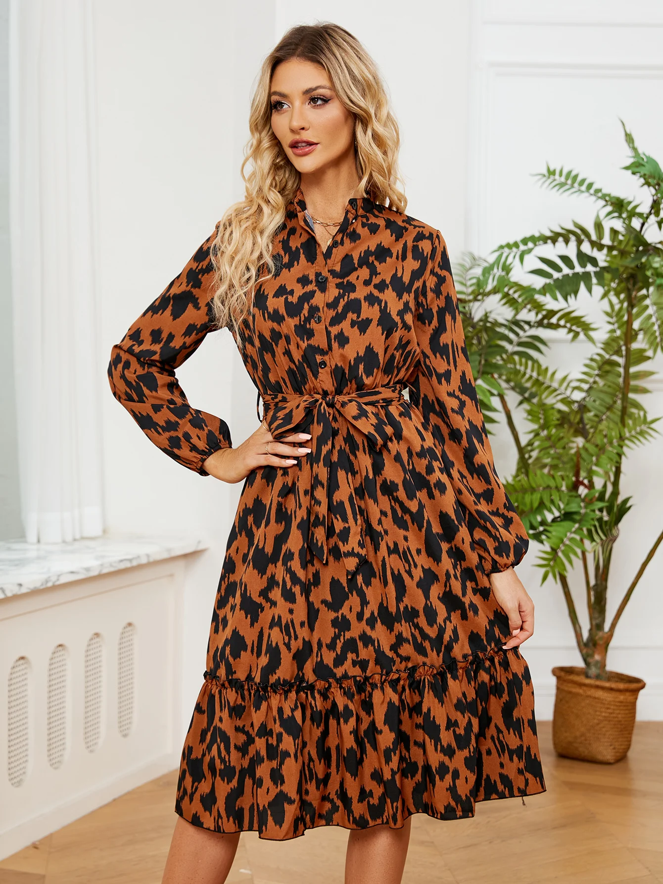 Women's Chic Leopard Printed Fashion Slim Long-sleeved  A-line Long Midi Dress Boho Y2k Casual Streetwear