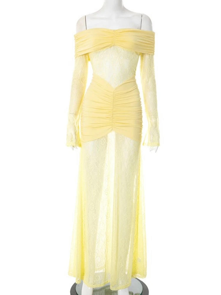 XIAOTANG-maxivestido Sexy de manga larga con hombros descubiertos para mujer, vestido de encaje transparente sin tirantes y espalda descubierta, vestidos de fiesta ajustados para discoteca