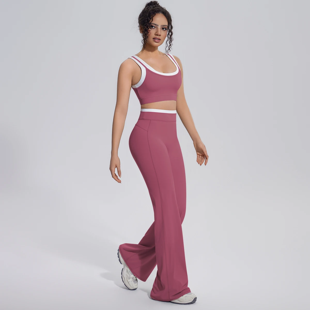 Neues Farbblock-Set mit Schönem Rücken-Yoga-BH und Weiten Hosen für Sommer, Fitness, Laufen und Workout, Hochelastisches, Lockeres Schlaghosen-Oberteil – Detail 27