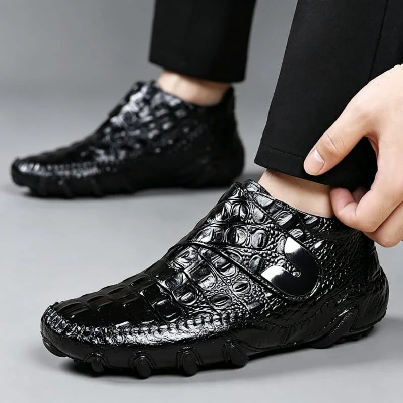 Trendy Autumn Winter High Top Crocodile Texture Mens Casual Business Leather Shoes Hook And Loop Slip On