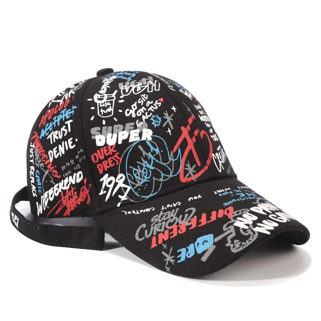 Fashion Cool Unisex Women Men Hats Adjustable Black White Color Printing Graffiti All-matching Baseball Cap for Men Gorras