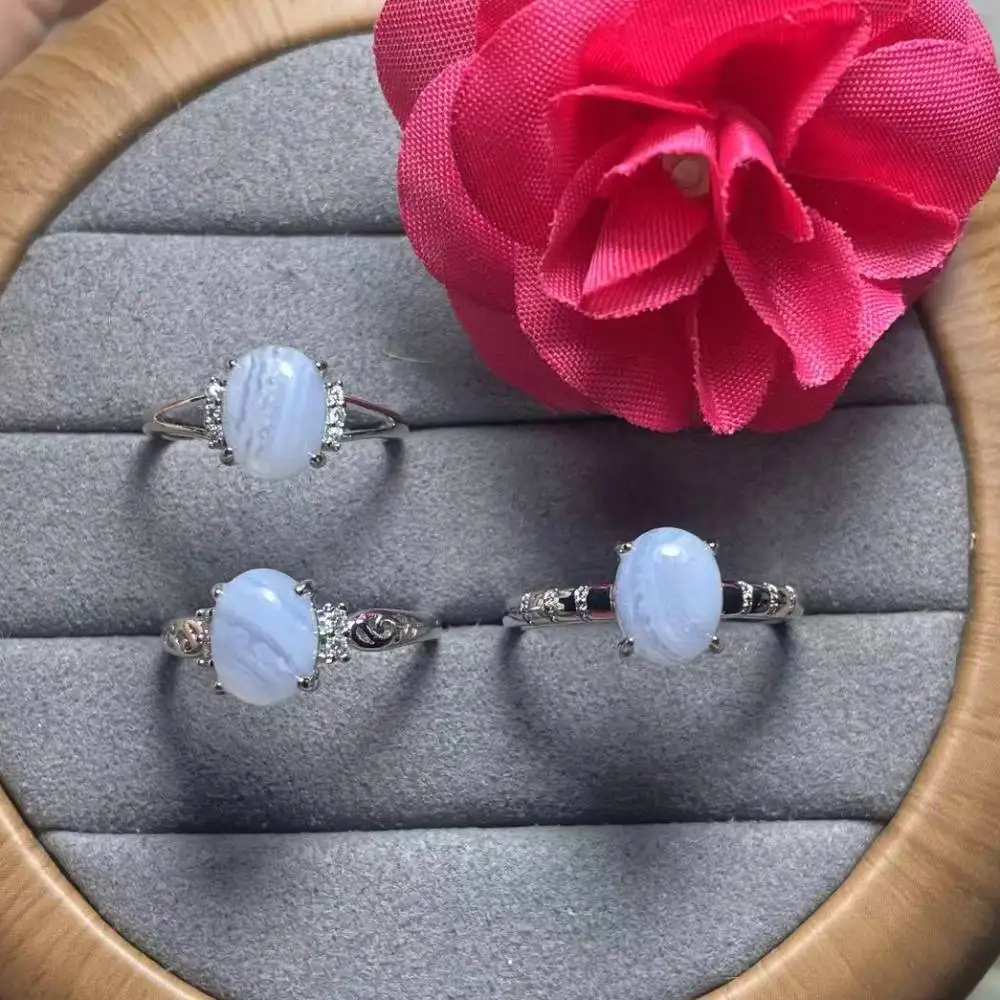 

5rings natural blue lace agate adjustable ring white copper ring for women ring for gift stone size approx7*9mm