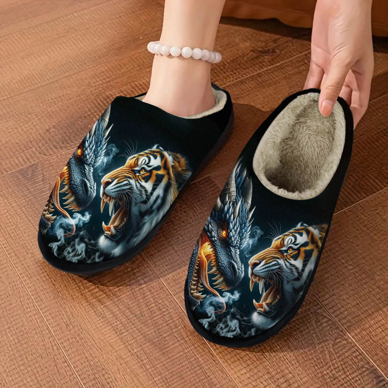 

Уютные нечеткие тапочки с принтом Fierce Tiger&Dragon — мягкая домашняя обувь для дома и улицы с нескользящей резиновой подошвой, теплая плюшевая подкладка