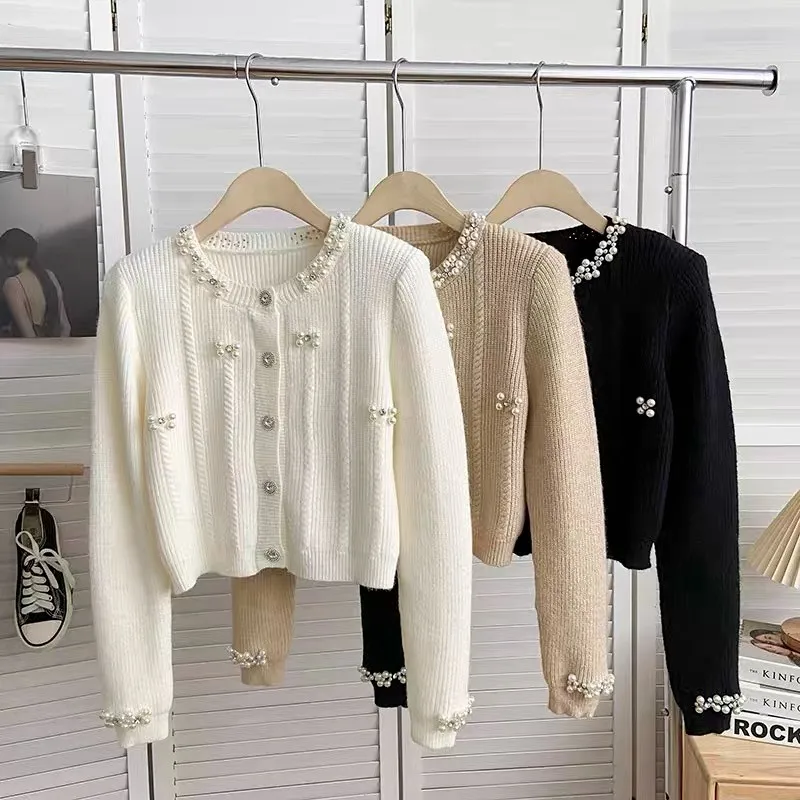 Pearl Beaded Elegant Knit Cardigan Sweater Women 2024 Spring Long Sleeve Single-breasted Tops Stylish Fashion Chic Ladies Jumper