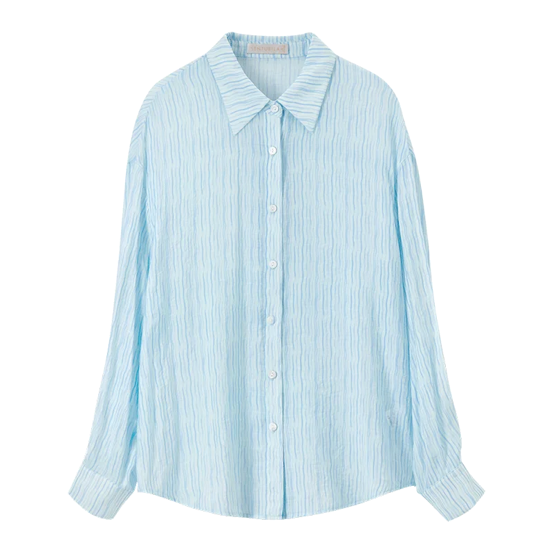 SENTUBILA Camicia a maniche lunghe moda per donna 2025 Primavera Nuova protezione solare traspirante a righe allentate parasole Beach Top 151C58263