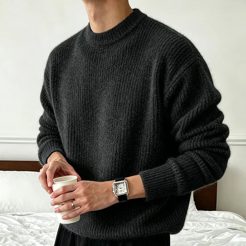 Herren Einfarbiger Strickpullover Frühling Herbst Lässige Mode Gerippte Textur Langarm Lockerer Rundhals-Strickpullover – Detail 11