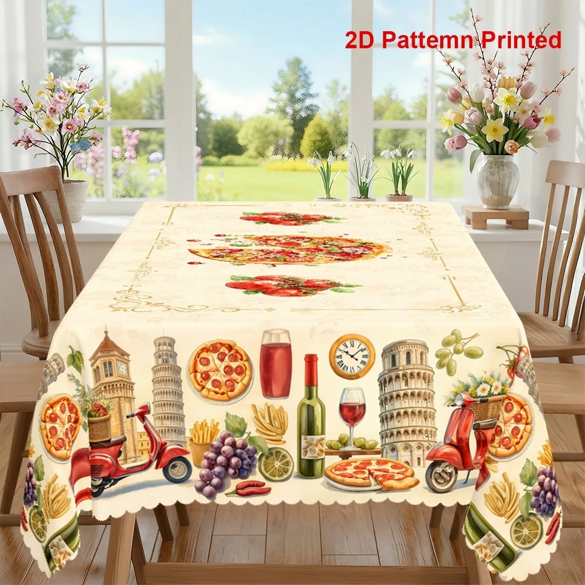 1pc Food-themed Tablecloth, Spring/Summer Retro Grape Pizza Clock Flower Print Design, YZB