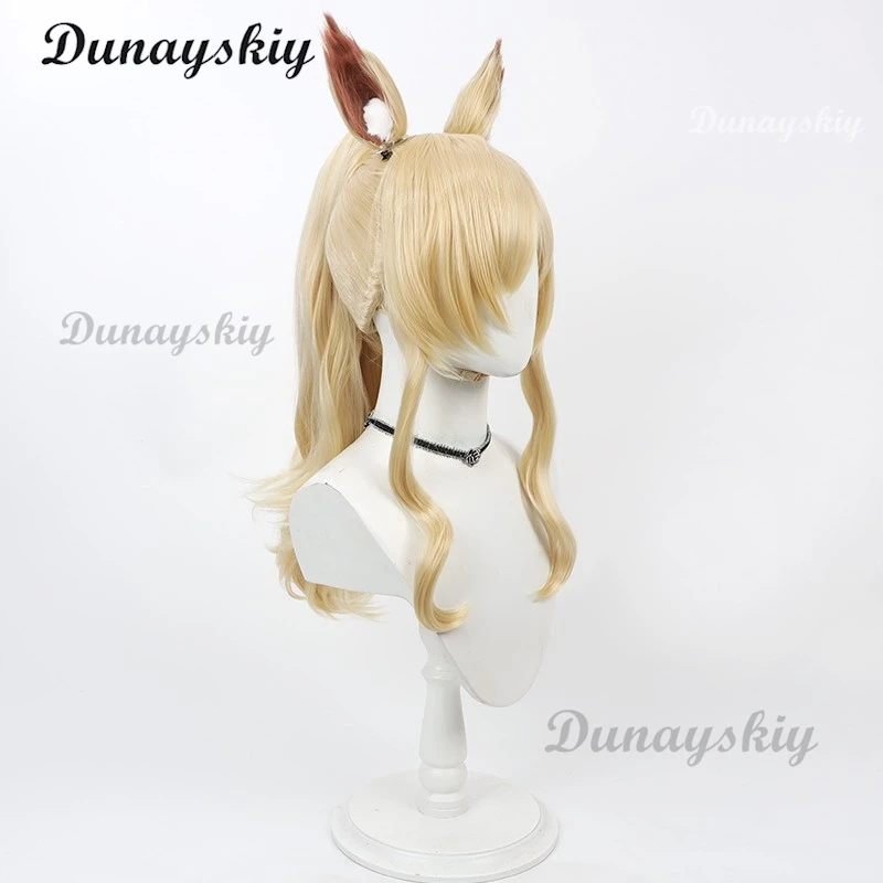 Blue Archive Ogata Kanna Cosplay-Perücke mit Ohren, 60 cm, blonder Pferdeschwanz, Kunsthaar, hitzebeständig, für Halloween, Party, individuell