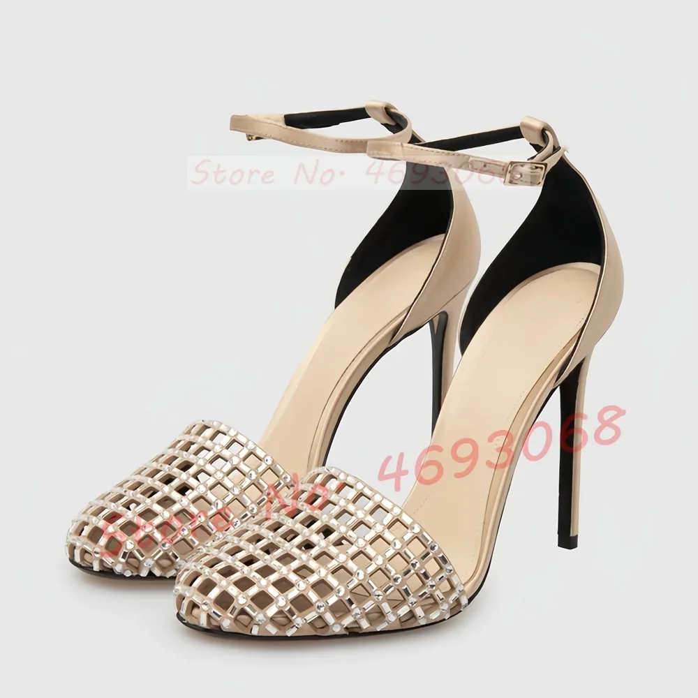 

Champagne Crystal Cage Round Toe Sandals Women Luxury Satin Cover Heels Female Rhinestones Glittery Design Party Stiletto Shoes