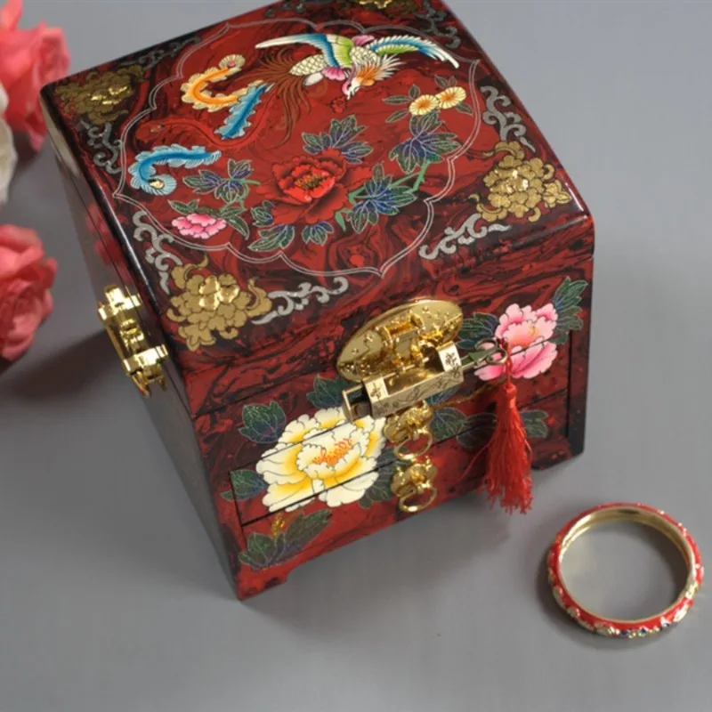 Caja de Joyería de Laca Pintada a Mano, Estuche de Almacenamiento de Madera Vintage para Novia, Arte Tradicional Chino de Laca Cruda