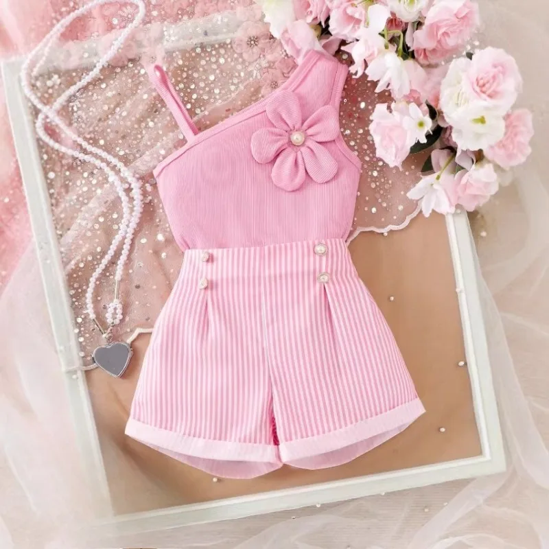 

Fashion Kids Summer Two Piece Sets 2026 Off Shoulder Design Shows Sweet Casual Daily Style Light Soft Fabric Cool and Breathable