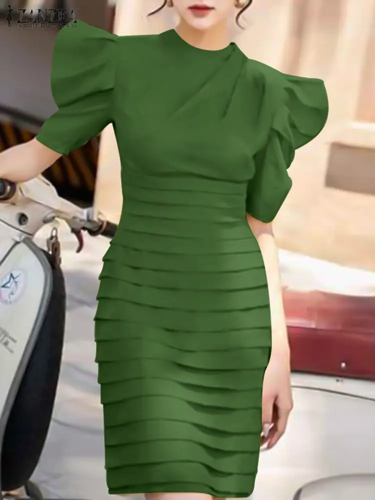 ZANZEA Women Chic Pleated Wrap Dress 2024 Summer Elegant Puff Short Sleeve Party Dress Vintage Cocktail Dress Sexy Slim Vestidos