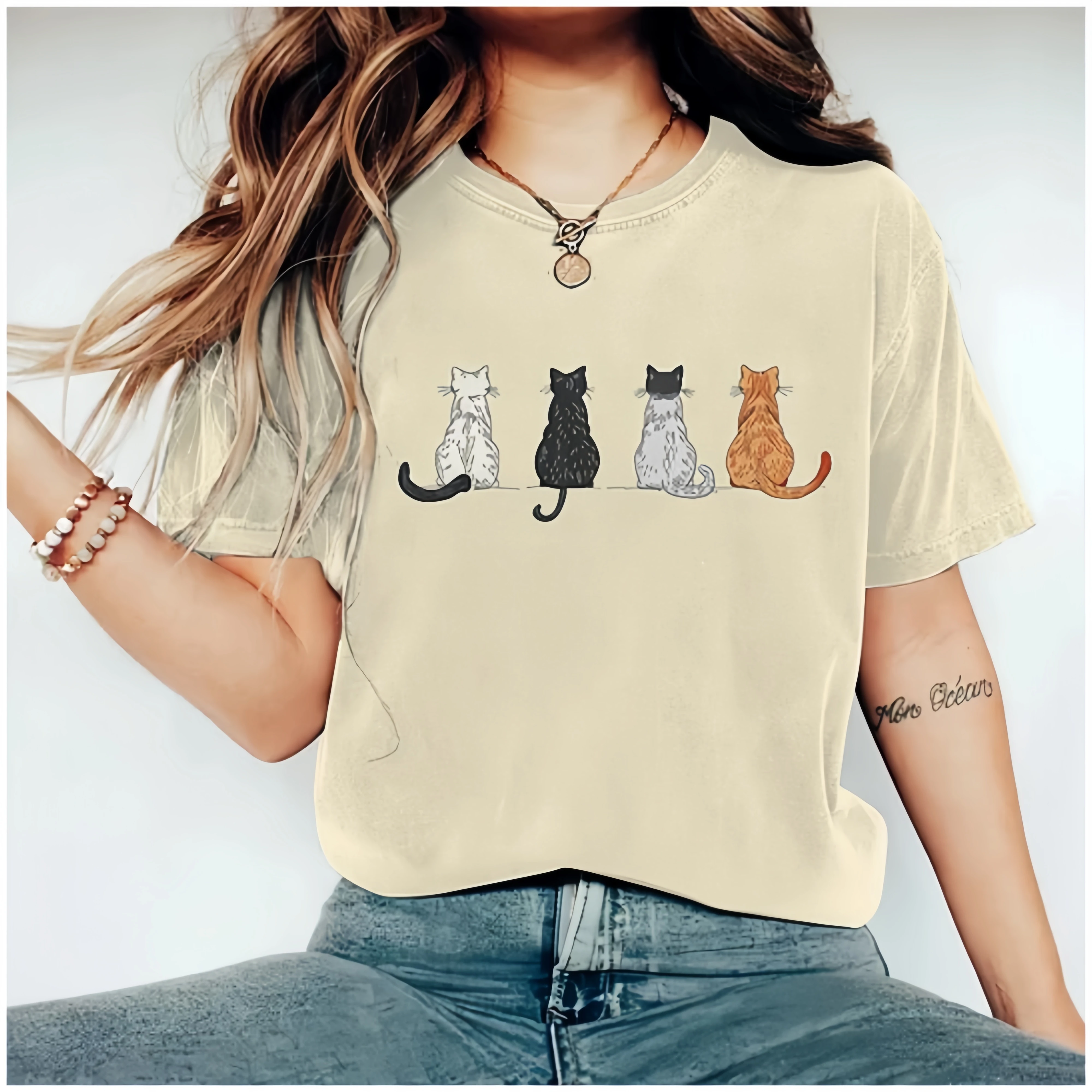 

Cute Cat Back Pattern T Shirt Women's Casual Short Sleeved O Neck T Shirt
