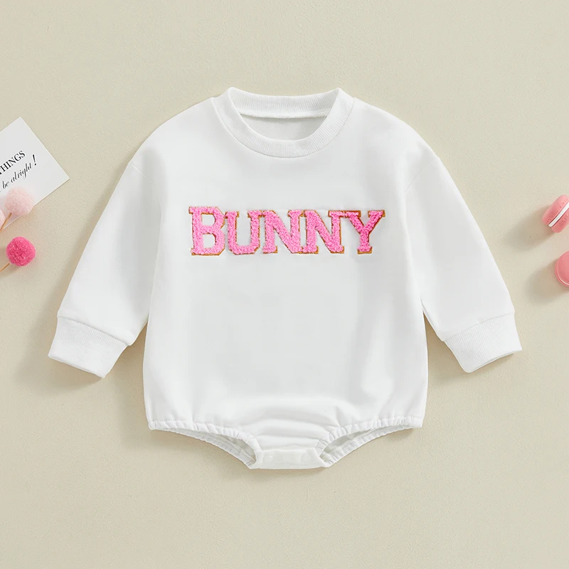 

2023-12-04 Lioraitiin Newborn Baby Girl Boy Easter Outfit Bunny Embroidery Sweatshirt Romper Long Sleeve Crewneck Infant Clothes