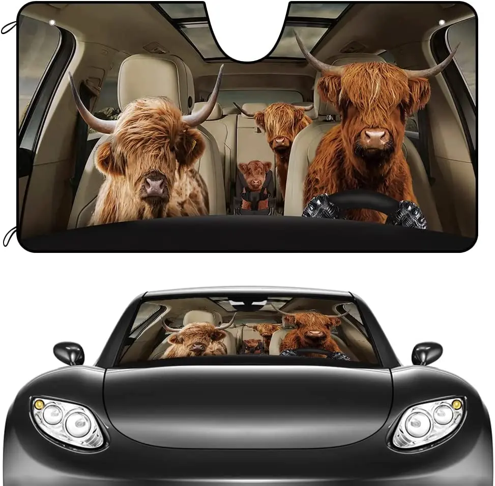 

CafeTime Car Windshield Sunshade Highland Cow Cattle Farmhouse Painting Vehicle Front Windshield Sunshade UV Ray Reflector Sun P