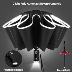 Fully Automatic UV Umbrella With LED Flashlight Reflective Stripe Reverse Large Umbrellas For Rain Sun Heat Insulation Parasol