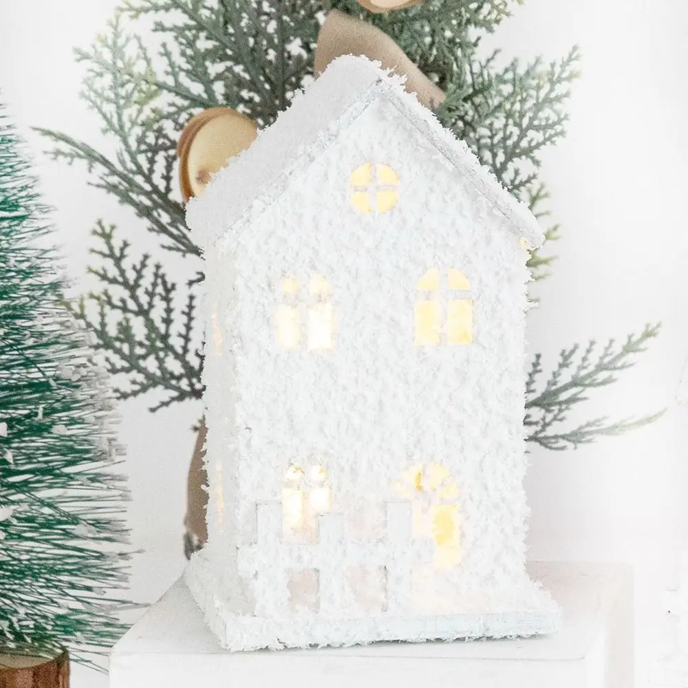 Mini lumière LED de noël créative, maison en bois blanche avec flocon de neige, château lumineux, maison lumineuse