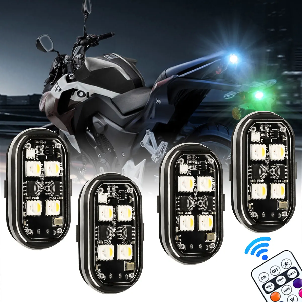 

1/2/4PCS Motorcycle LED Strobe Light RGB Warning Light Wireless 8 Colors USB With Remote Control Motorcycle Decorative Light