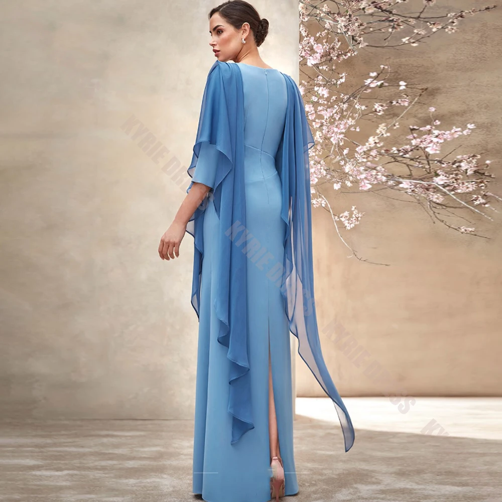 Elegant Mother of The Bride Dresses Customized 3/4 Sleeves Ruffles with Cape Floor Length Wedding Guest Gown Party Evening Dress