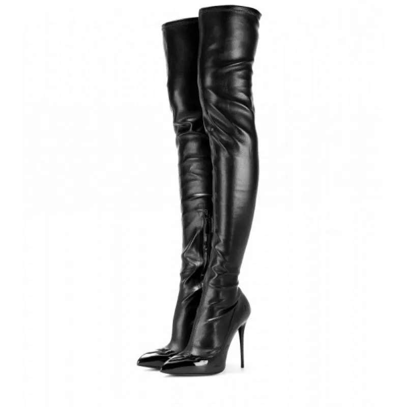 

Sexy Women Over knee Thigh High Heels Boots Black Leather Patchwork Stilettos Long Stylish Bottine Femme Designer Shoes Botines