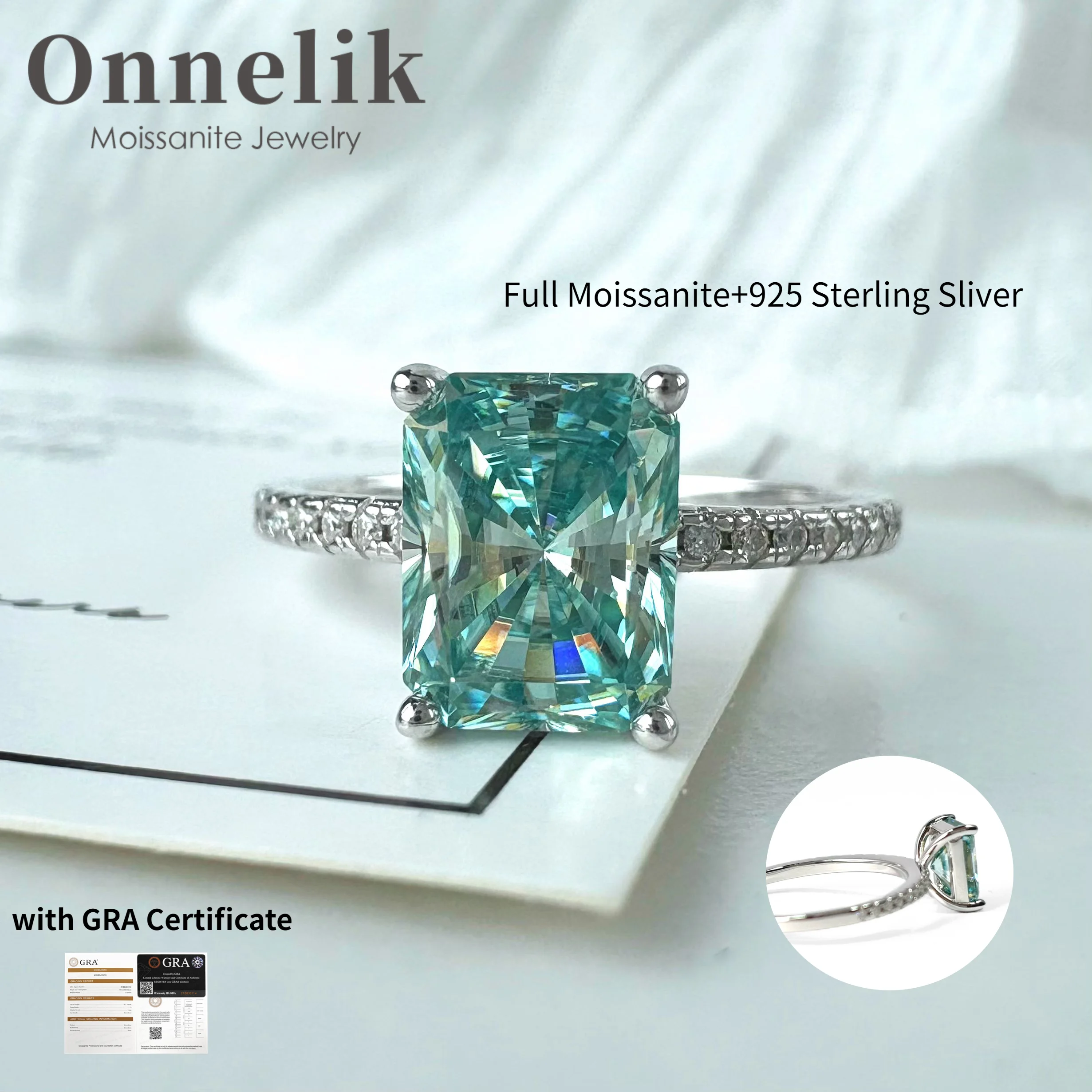 

Onnelik 1CT Radiant Cut Full Moissanite Rings Real Lab Grown Medium Blue rings for Women Engagement Party S925 Fine Jewelry