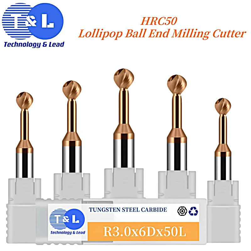 T&L HRC50 2/3Flute R1-R10 Ball T-shaped Arch Milling Cutter Tungsten Steel Carbide Nano Coating Lollipop Ball End Milling Cutter