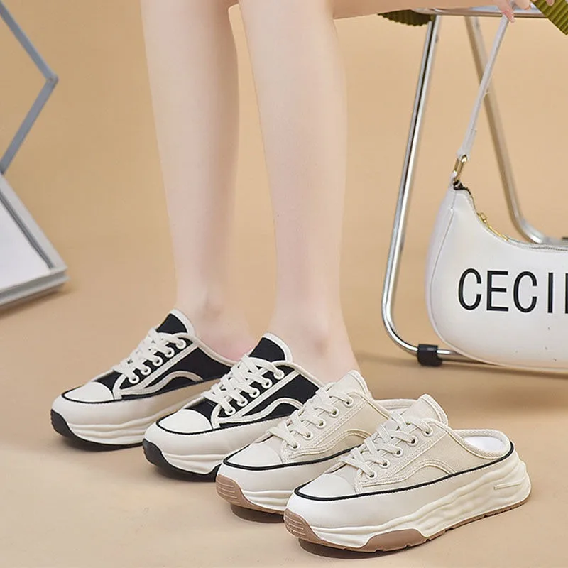 Sport Custom Designer Fashion Platform Chunky Heels Sneakers Shoes for Women White Canvas Shoes Slingback