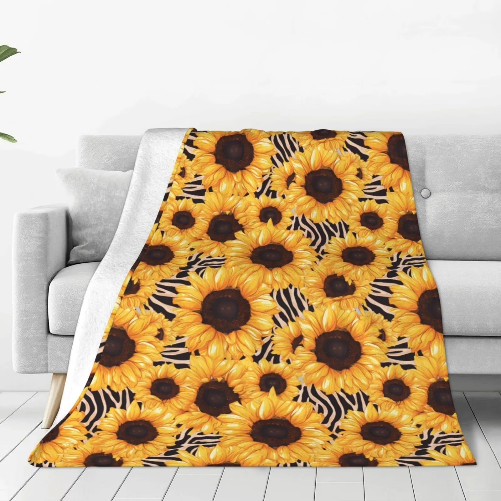 Sunflower Zebra Print Fleece Throw Blanket Soft Plush Flannel for Couch Bed