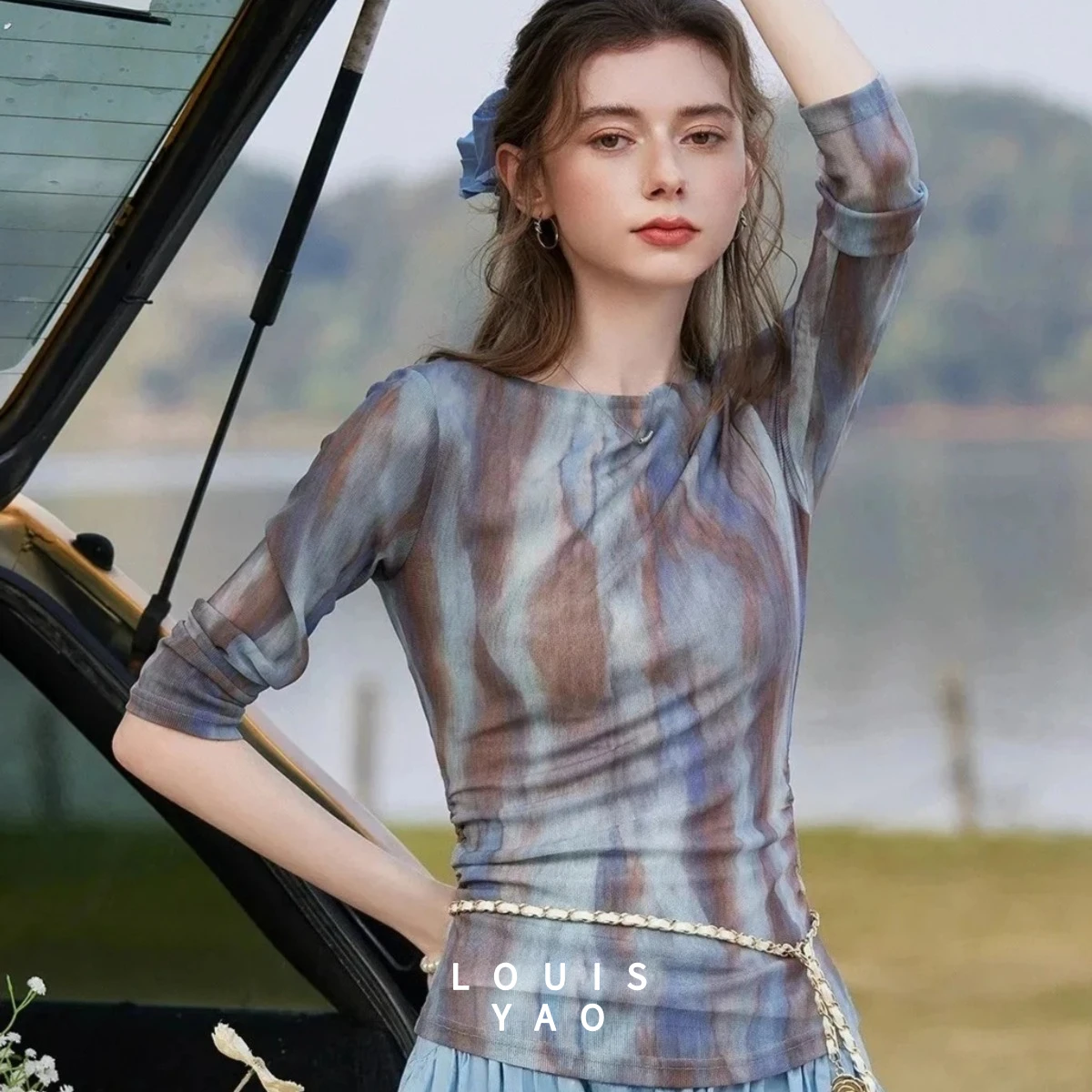 LOUISYAO Women's Long Sleeve T-Shirt 2026 Spring Ruched Slim Fit Print Stretchy Casual Outdoor Wear Basic Top