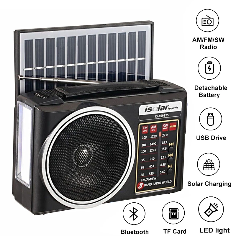 Portable FM/AM/SW Radio Solar Charging Multi Band Emergency Radios Receiver Powerful Bluetooth Speaker with Flashlight TF USB