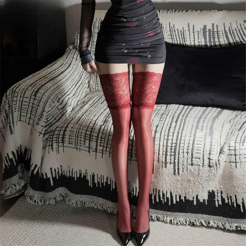 Wide Lace Top Thigh High Stockings With Anti-slip Silicone Band Women Sexy Oil Shiny Silky Transparent Underwear