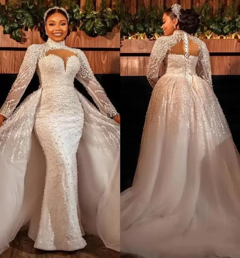 

Gorgeous Pearls 2024 Mermaid Wedding Dresses With Detachable Train High Neck Long Sleeve Beaded Bridal Gowns Vestido De Novia