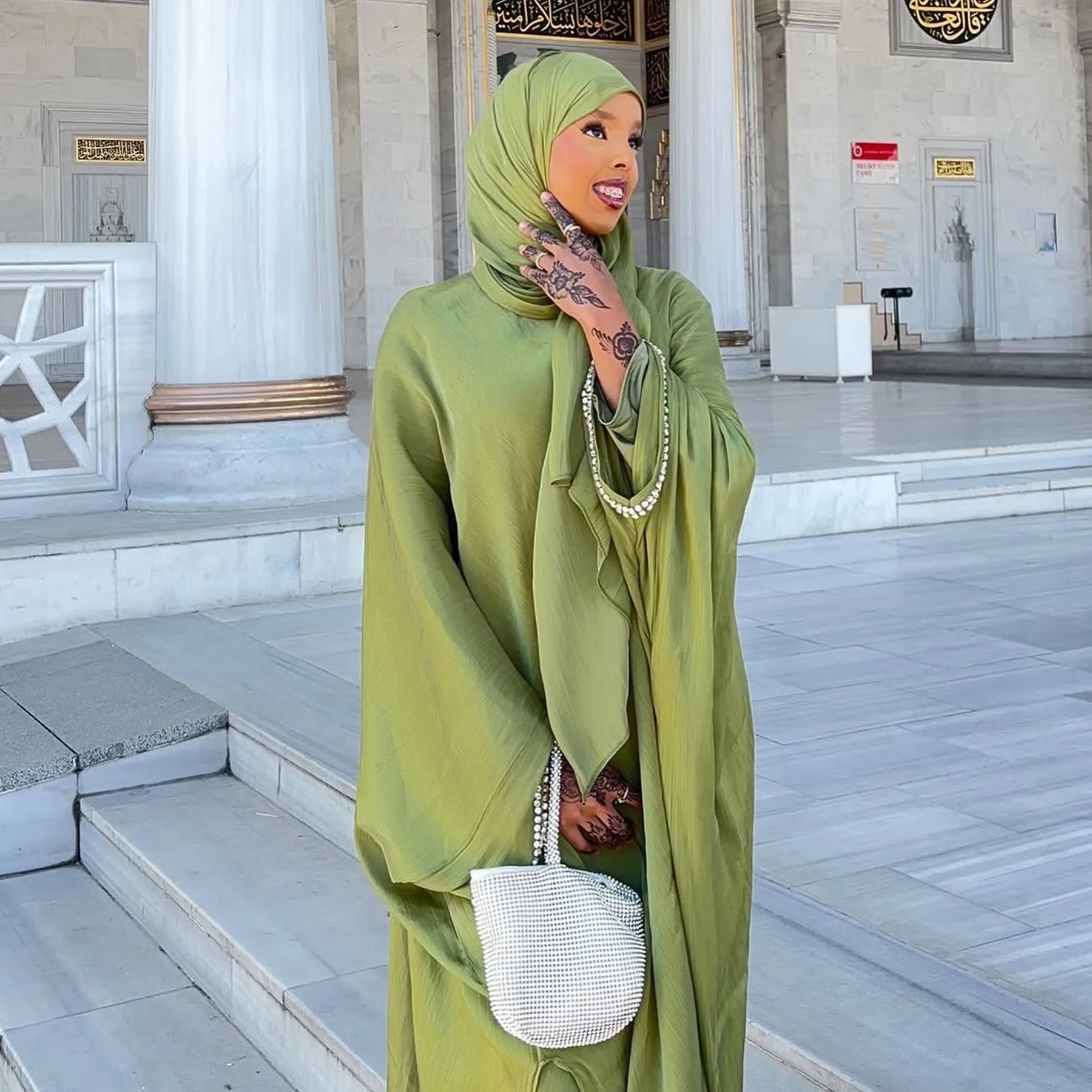 UNI Open Abaya with Hijab 3 Piece Set Dress Dubai Luxury Muslim Hijab Dress  Abayas for Women Moroccan Kaftan African Islamic - Image 5
