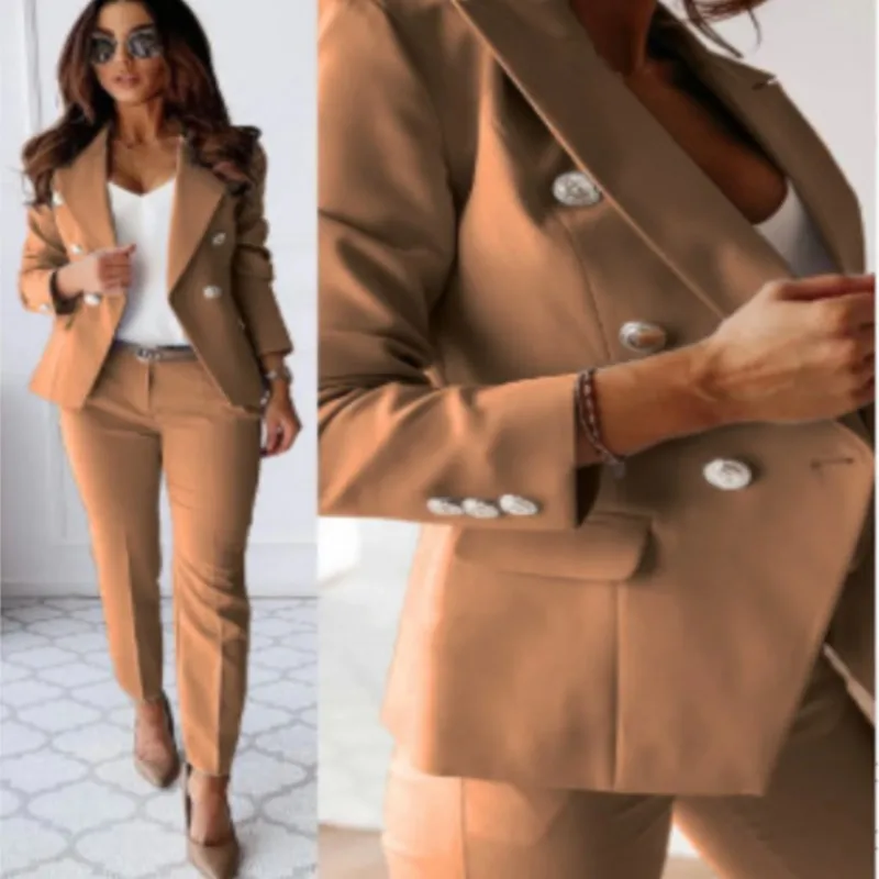 Escritório 2 peça define mulher primavera outono moda com decote em v manga longa blazer casaco calças elegantes conjunto fino temperamento terno outfit