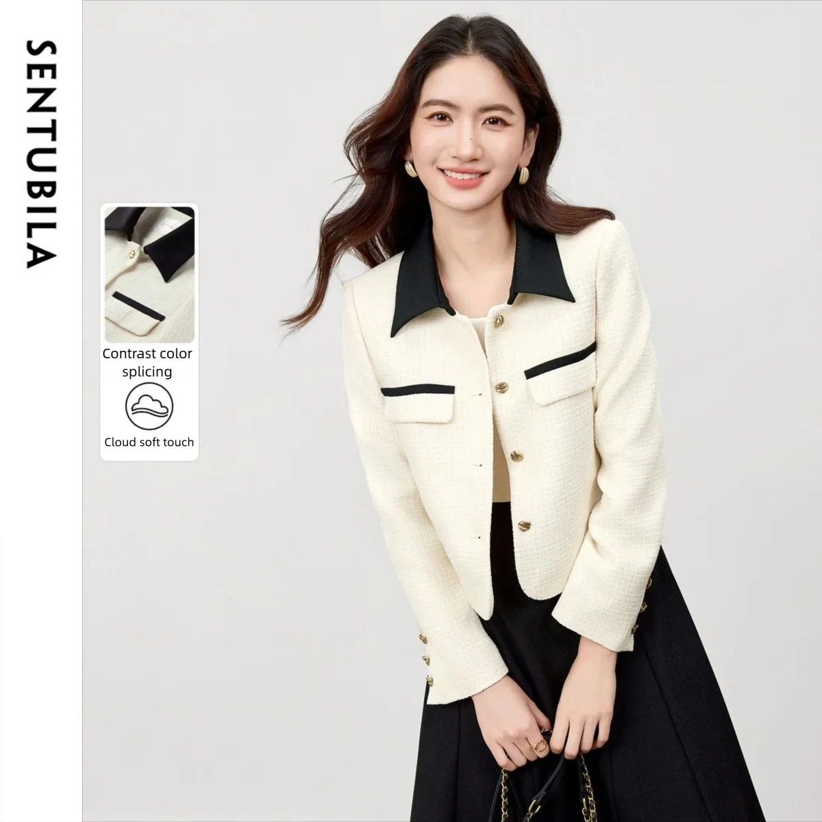 SENTUBILA Women's Chenille Jackets Color-Block Turn-down Collar Short Jackets 2025 Autumn Elegant Style Woman Clothing 153WA2164