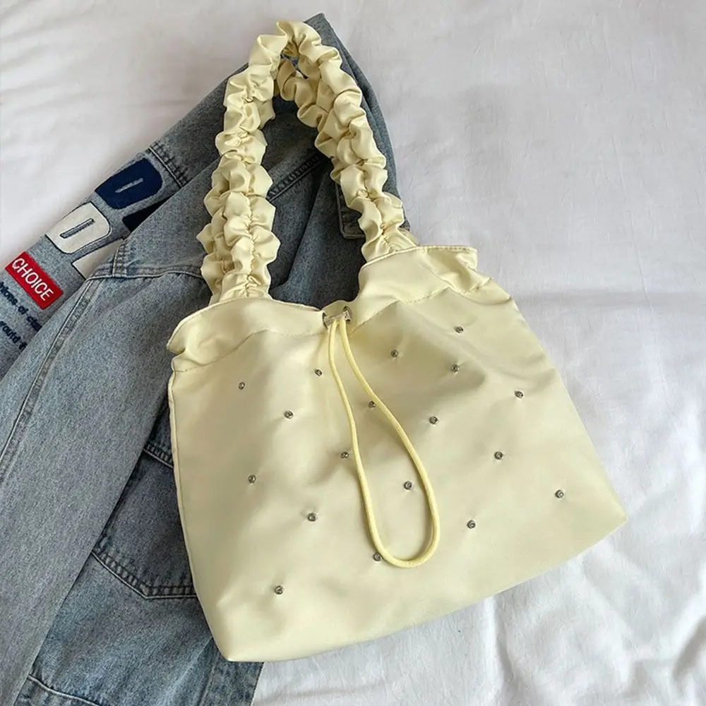 New Waterproof Drawstring Handbag Commuting Bag Large Capacity Inlaid Shoulder Bags Fashionable Elastic Pleated Handbags