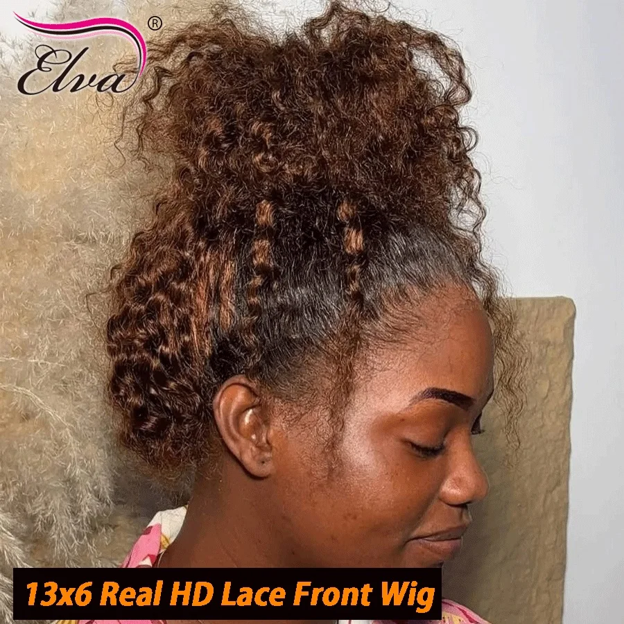 

Double Drawn Ombre Colored Burmese Curly 250% Density 13X6 Transparent Lace Front Glueless Wig Human Princess Hair Ready To Wear