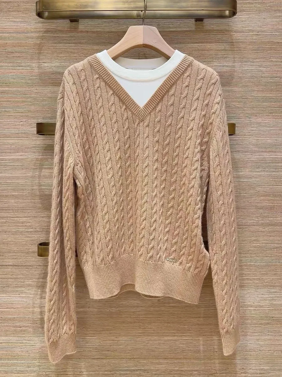 High-End Version Casual Loose Long Sleeve Knitted Top Women's Fake Two-Piece Patchwork Color Block Design Winter Fashion