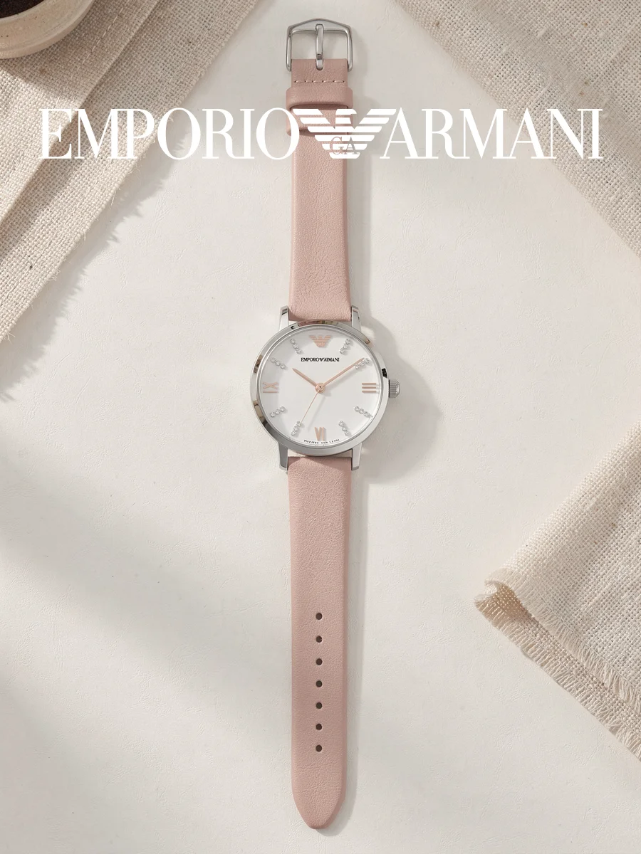 Emporio Armani AR8039 Women Watch Pink Leather Strap Quartz Wristwatch Crystal Bezel Ladies Clock Shopping Wedding Gift