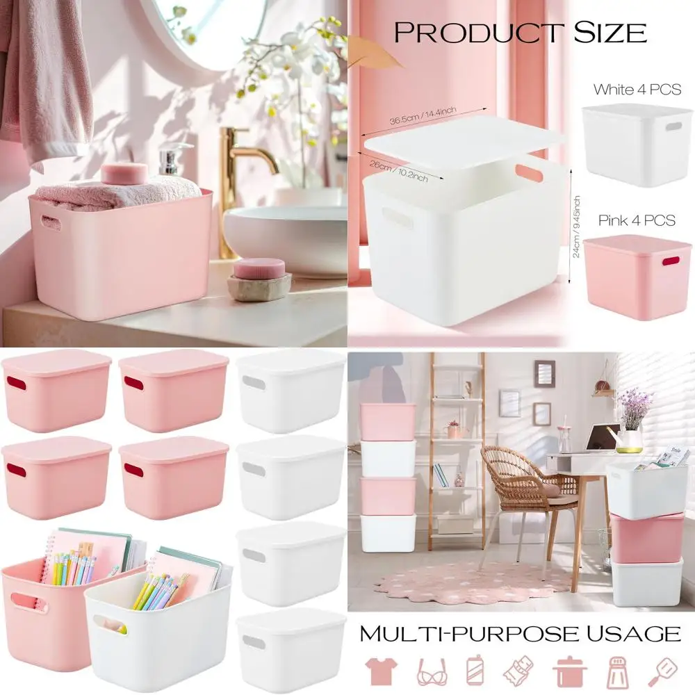 

Stackable Plastic Storage Bins with Lids, 8-Piece Set for Organizing, White & Pink, 14.2x10.2x9.5 Inches