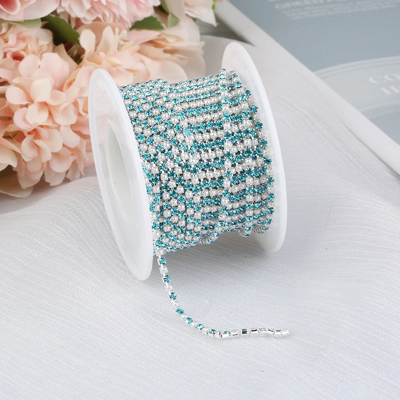 PEESOM SS6 2mm Sliver Pearl Rhinestone Cup Chain Trim Dense Glass Colorful Sewing Rhinestone Crystal Pearl Chain for DIY Crafts