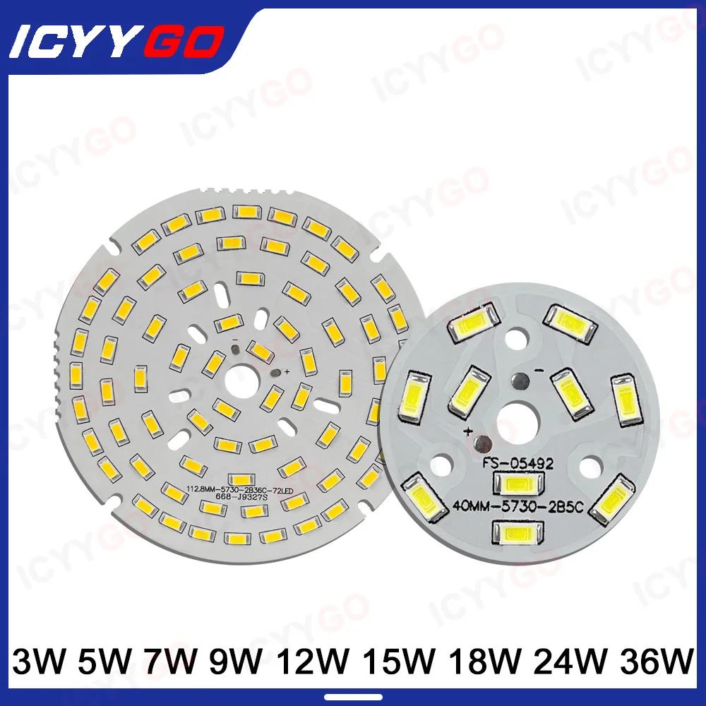 Panel de luz LED 5730 de 3W, 5W, 7W, 9W, 12W, 15W, 18W con cable de alimentación, placa de fuente de luz redonda adecuada para modificación de fuente de luz DIY