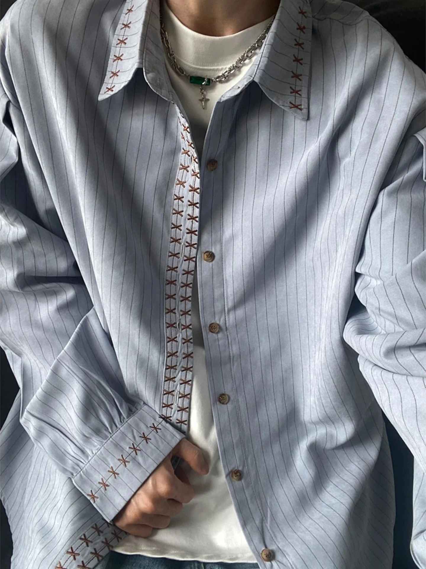 

Cross Stitch Design Striped irt Men Autumn College Sle Layering Long Sve Collar Coat Youth Trend Street Faion