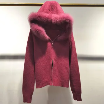Feminino 2025 real pele de raposa com capuz guarnição cardigan com zíper moda manga longa camisola de malha curta com listra de pele real