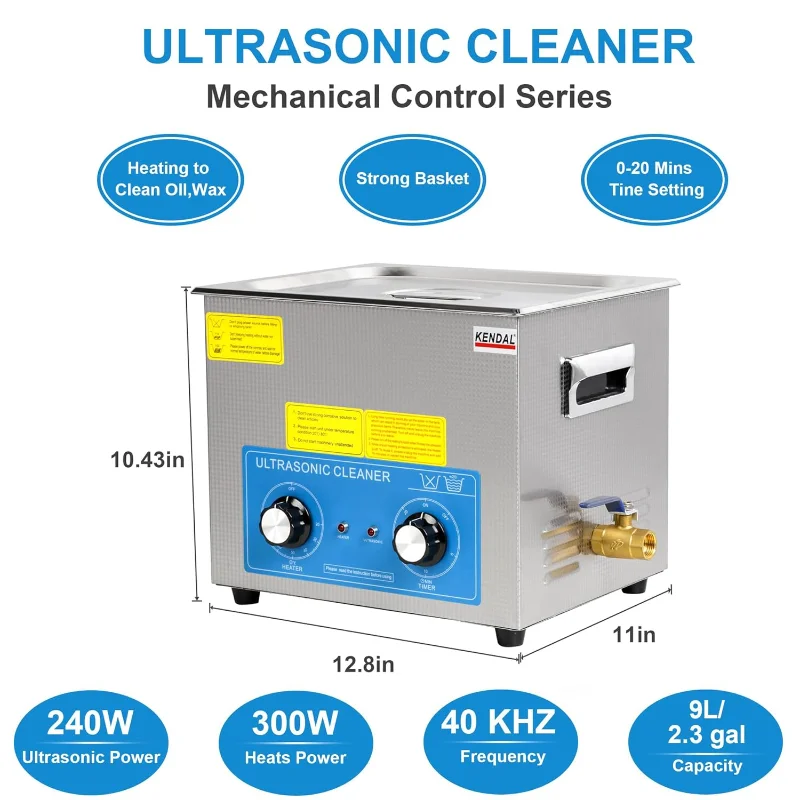 Kendal Pulitore ad ultrasuoni da 240 watt 9 litri di grado commerciale 40 kHz con manopole timer e macchina per la pulizia del riscaldatore, per strumenti per orologi