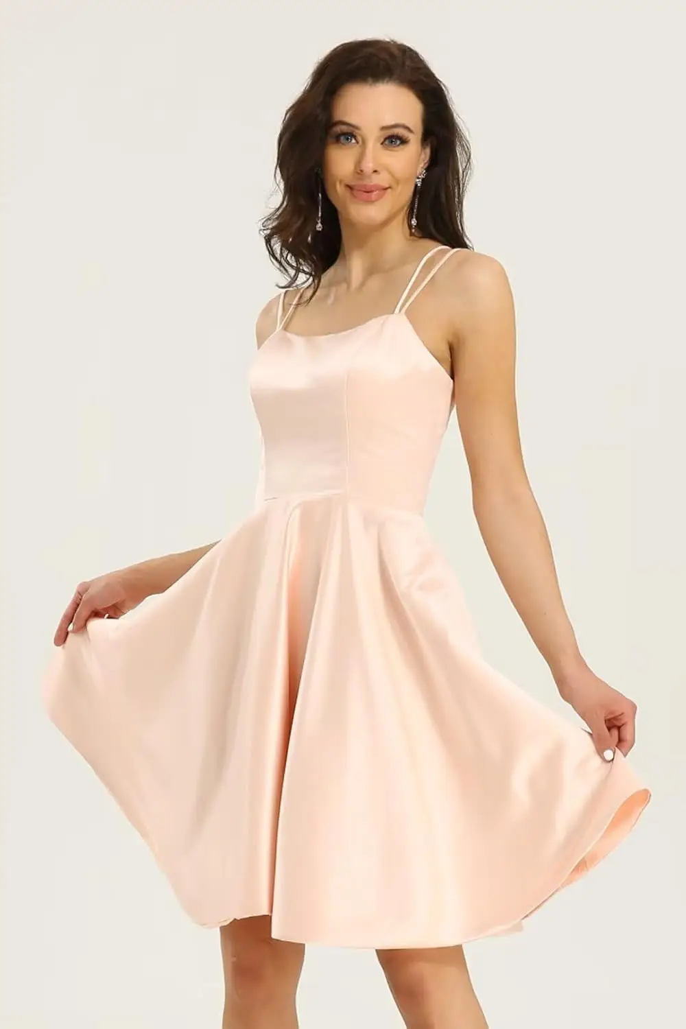 Teenager-Kleid für den Schulanfang, knielang, dünner Schultergurt und Tasche, rückenfreies Ballkleid aus Satin, formelles Abendkleid, kurz