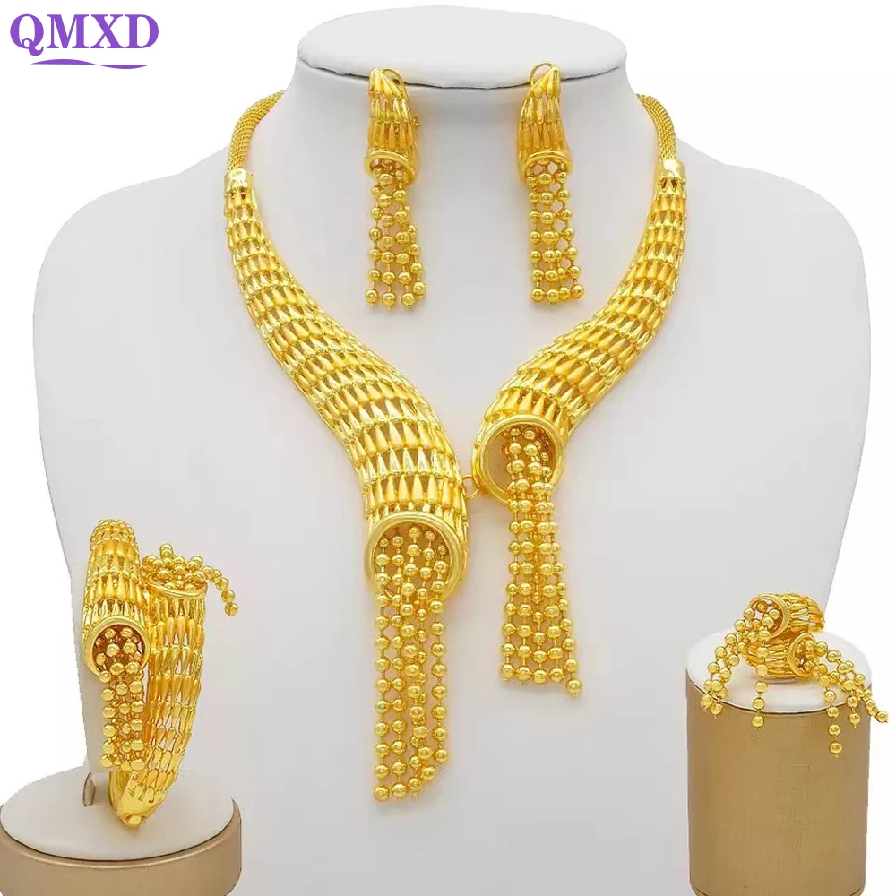 Dubai Gold Color Jewelry Sets For Women Bridal Luxury Necklace Earrings Bracelet Ring Set Indian African Wedding Gifts