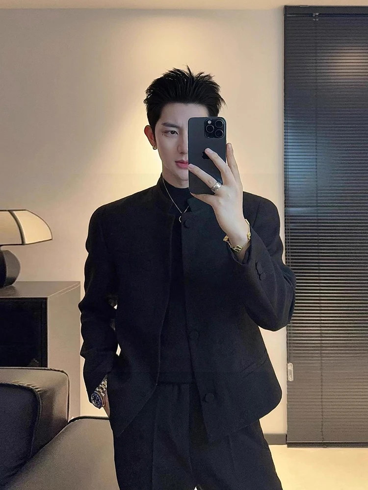

New Chinese Sle Slim Fit Men's ort Stand Collar Zhongan Coat Autumn Winter Ele Tang Costume Jaet Youth Polyester