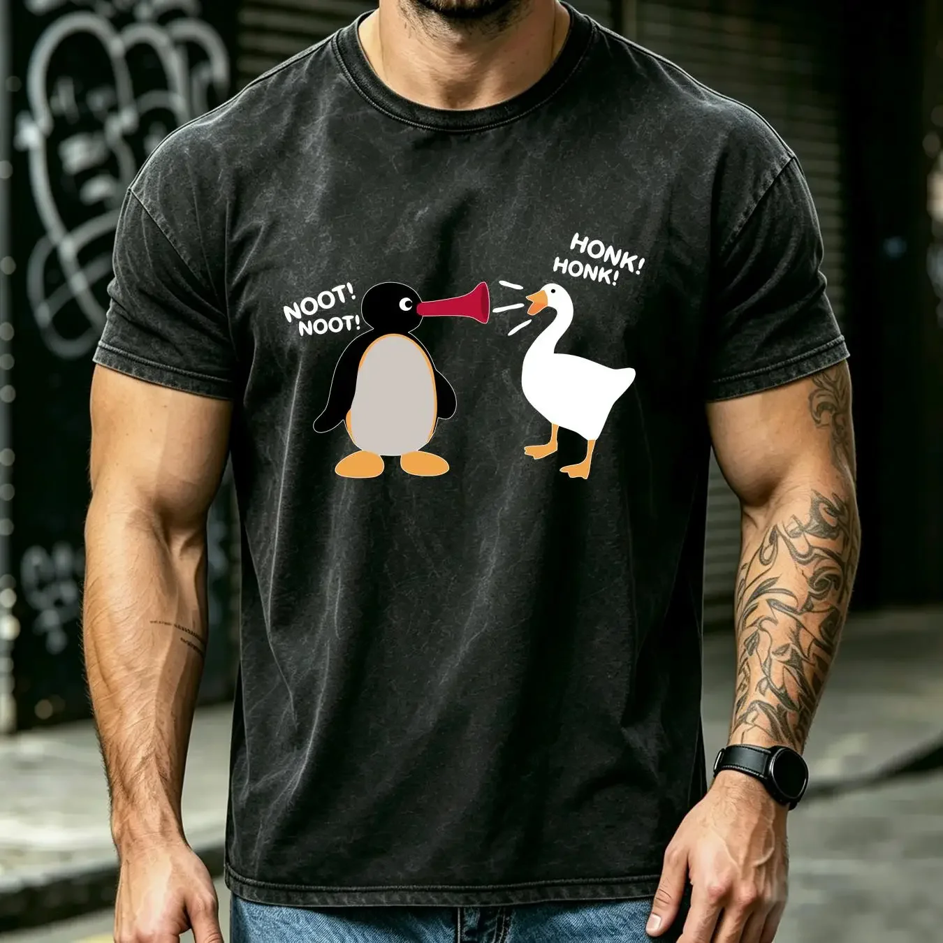 washed T Shirt Noot Honk Kids Pingu Untitled Goose Game Funny vintage Washed Casual Top For Everyday Wear streetwear Versatile